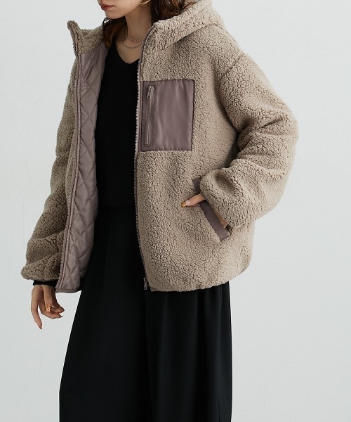 Soiunique（スワユニーク）の「中綿入りボアフードブルゾン　［Soiunique］（カバーオール・レディース・ブラック/モカ・L/M）」の7枚目の写真