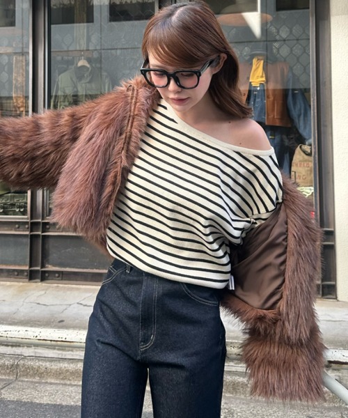 RAY CASSIN(レイカズン)の「ボーダーワンショルニット(ニット/セーター・レディース・レッド系その他2/アイボリー/ブラック系その他2/グレー系その他2・FREE)」の14枚目の写真