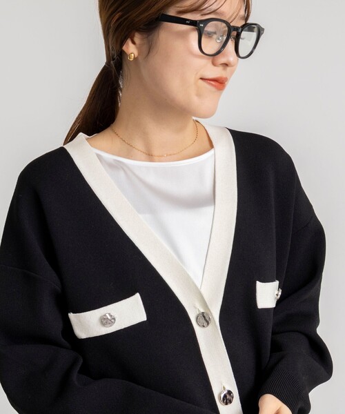 手洗い可能》スムース配色Vネックカーディガン（カーディガン/ボレロ