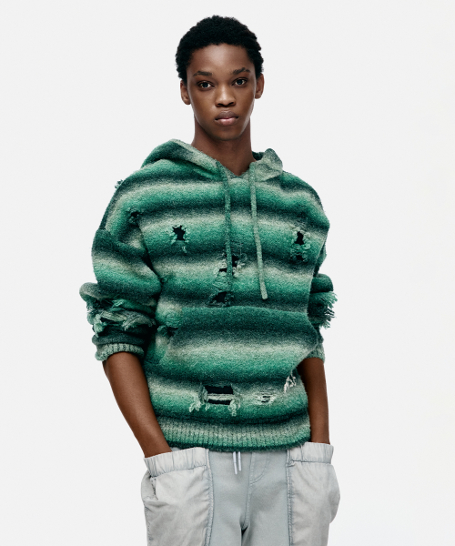 UNISEX GRADIENT DISTRESSED HOODIE atb1391u(GREEN)（ニット