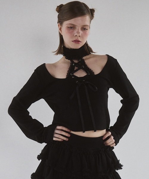 lilLilly（リルリリー）の「フロントレースアップニットトップス（Tシャツ/カットソー・レディース・ブルー/グレー/ホワイト/ブラック・FREE）」の3枚目の写真