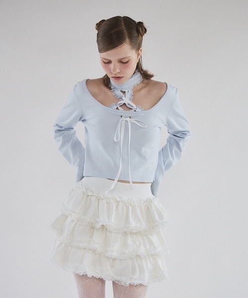 lilLilly（リルリリー）の「フロントレースアップニットトップス（Tシャツ/カットソー・レディース・ブルー/グレー/ホワイト/ブラック・FREE）」の6枚目の写真