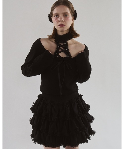 lilLilly（リルリリー）の「フロントレースアップニットトップス（Tシャツ/カットソー・レディース・ブルー/グレー/ホワイト/ブラック・FREE）」の10枚目の写真