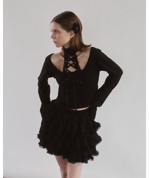 lilLilly（リルリリー）の「フロントレースアップニットトップス（Tシャツ/カットソー・レディース・ブルー/グレー/ホワイト/ブラック・FREE）」の12枚目の写真