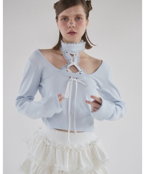 lilLilly（リルリリー）の「フロントレースアップニットトップス（Tシャツ/カットソー・レディース・ブルー/グレー/ホワイト/ブラック・FREE）」の13枚目の写真