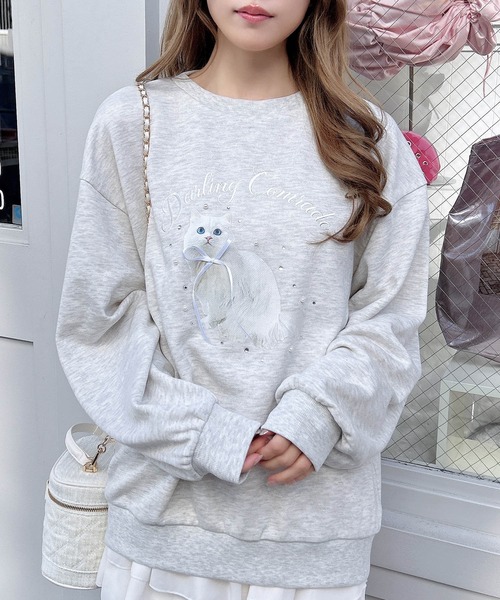 INGNI（イング）の「装飾リボン付ねこスウェットトップス（Tシャツ/カットソー・レディース・グレー/ライトピンク/オートミール・M）」の2枚目の写真