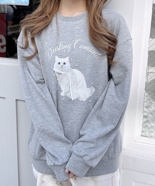 INGNI（イング）の「装飾リボン付ねこスウェットトップス（Tシャツ/カットソー・レディース・グレー/ライトピンク/オートミール・M）」の5枚目の写真