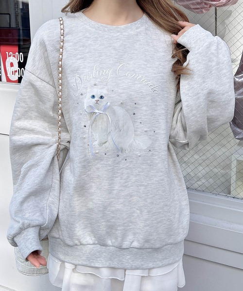 INGNI（イング）の「装飾リボン付ねこスウェットトップス（Tシャツ/カットソー・レディース・グレー/ライトピンク/オートミール・M）」の12枚目の写真