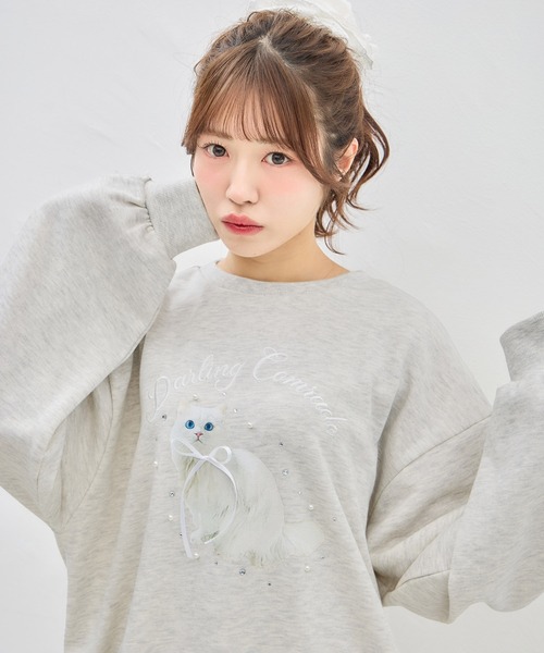 INGNI（イング）の「装飾リボン付ねこスウェットトップス（Tシャツ/カットソー・レディース・グレー/ライトピンク/オートミール・M）」の4枚目の写真