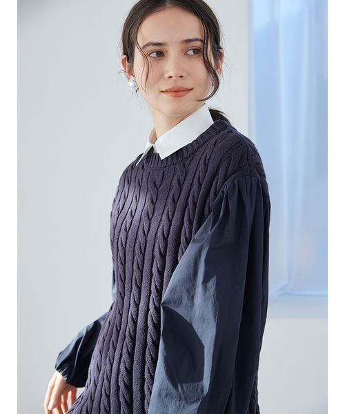 Mila Owen(ミラオーウェン)の「付け衿付きシャツドッキングケーブルニット(シャツ/ブラウス・レディース・ネイビー/キャメル/ライトベージュ・F)」の7枚目の写真