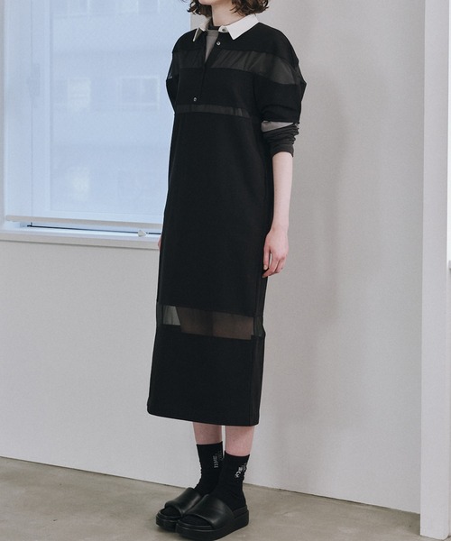 LE CIEL BLEU（ルシェルブルー）の「シアーディテールラグビーシャツドレス / Sheer Detail Rugby Shirt Dress（ワンピース・レディース・ブラック・36）」の3枚目の写真