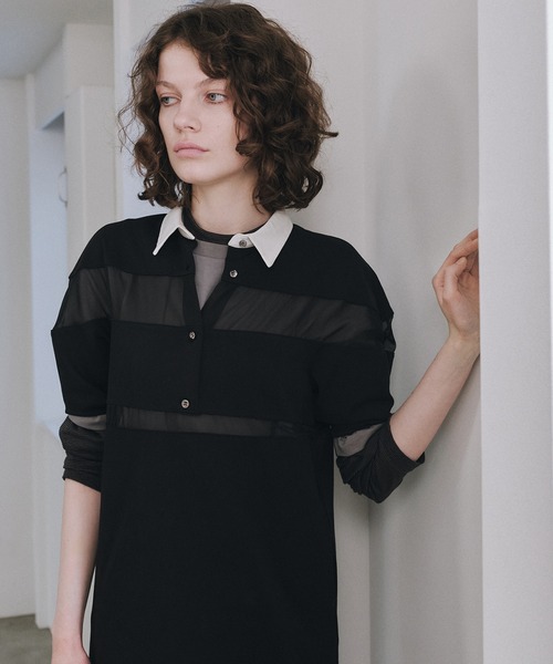 LE CIEL BLEU（ルシェルブルー）の「シアーディテールラグビーシャツドレス / Sheer Detail Rugby Shirt Dress（ワンピース・レディース・ブラック・36）」の2枚目の写真
