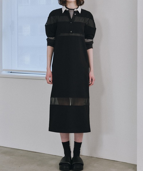 LE CIEL BLEU（ルシェルブルー）の「シアーディテールラグビーシャツドレス / Sheer Detail Rugby Shirt Dress（ワンピース・レディース・ブラック・36）」の5枚目の写真