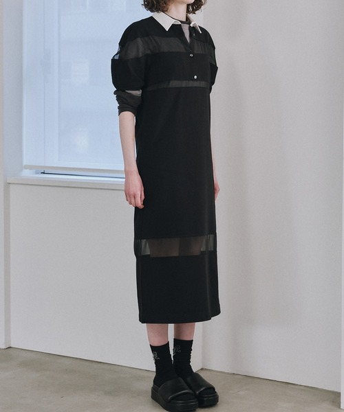 LE CIEL BLEU（ルシェルブルー）の「シアーディテールラグビーシャツドレス / Sheer Detail Rugby Shirt Dress（ワンピース・レディース・ブラック・36）」の4枚目の写真