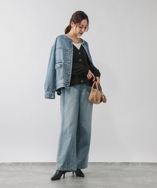 GLOBAL WORK（グローバルワーク）の「ドライタッチVネックカーディガン長袖/634143（カーディガン/ボレロ・レディース・ブラウン/グレー系5/ブラック/コーラルピンク/ライトイエロー/ライトブルー/ライトベージュ・SHORT/REGULAR）」の9枚目の写真