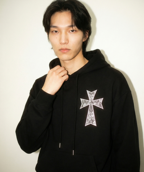 GRAVER（グレーバー）の「[ユニセックス]ドットクロス_レースフードパーカー_ブラック（パーカー・レディース・ブラック・MEDIUM/LARGE/SMALL）」の6枚目の写真