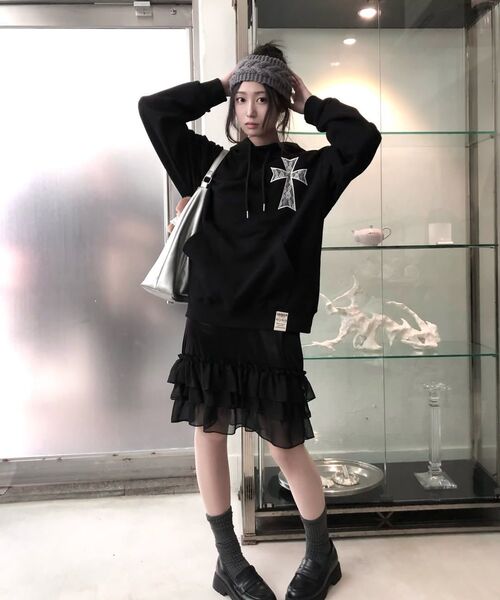 GRAVER（グレーバー）の「[ユニセックス]ドットクロス_レースフードパーカー_ブラック（パーカー・レディース・ブラック・MEDIUM/LARGE/SMALL）」の8枚目の写真