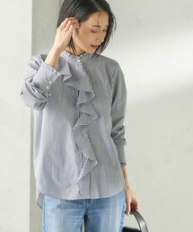 〈手洗い可能〉パール モチーフ ボタン フリル ブラウス