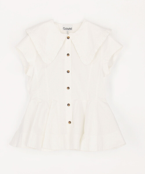 GANNI(ガニー)の「GANNI/ガニー Stretch Cotton Peter Pan Collar Shirt / A1040093 / ストレッチコットン ピーターパンカラー 半袖シャツ(シャツ/ブラウス・レディース・ブラック/オフホワイト・36)」の2枚目の写真
