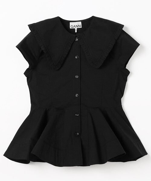 GANNI(ガニー)の「GANNI/ガニー Stretch Cotton Peter Pan Collar Shirt / A1040093 / ストレッチコットン ピーターパンカラー 半袖シャツ(シャツ/ブラウス・レディース・ブラック/オフホワイト・36)」の1枚目の写真