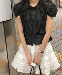 パフスリーブドット柄ブラウス