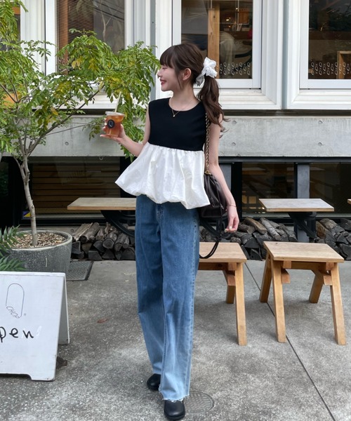 hinari(ヒナリ)の「フレンチスリーブバルーントップス(Tシャツ/カットソー・レディース・ブラック/アイボリー/ホワイト×ブラック・FREE)」の14枚目の写真