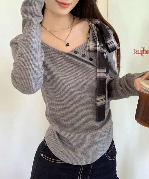 Lace Ladies(レースレディース)の「チェック柄 リボン付き アシンメトリー リブ ニット トップス(Tシャツ/カットソー・レディース・グレー・M/XL)」の4枚目の写真