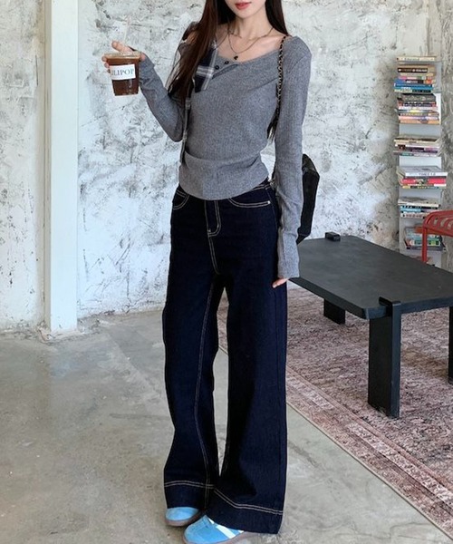 Lace Ladies(レースレディース)の「チェック柄 リボン付き アシンメトリー リブ ニット トップス(Tシャツ/カットソー・レディース・グレー・M/XL)」の6枚目の写真