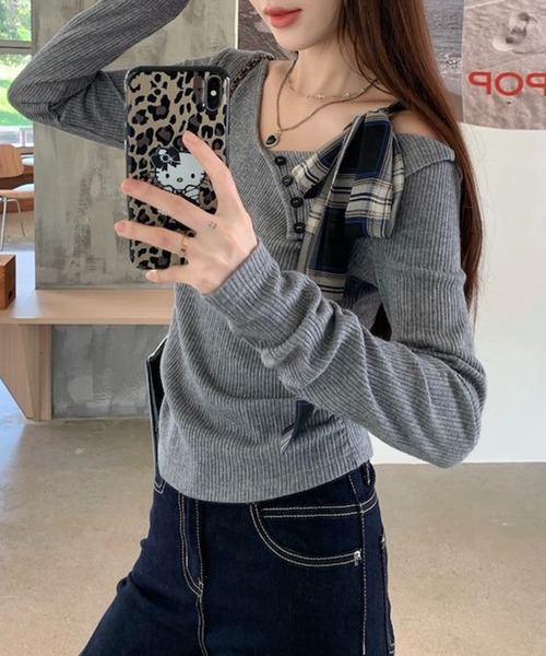 Lace Ladies(レースレディース)の「チェック柄 リボン付き アシンメトリー リブ ニット トップス(Tシャツ/カットソー・レディース・グレー・M/XL)」の7枚目の写真