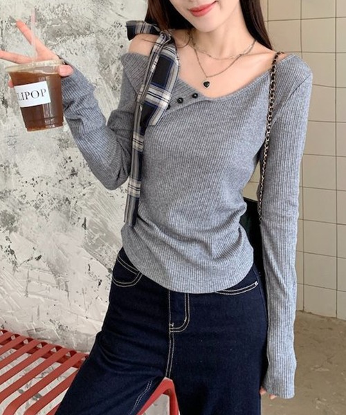 Lace Ladies(レースレディース)の「チェック柄 リボン付き アシンメトリー リブ ニット トップス(Tシャツ/カットソー・レディース・グレー・M/XL)」の8枚目の写真