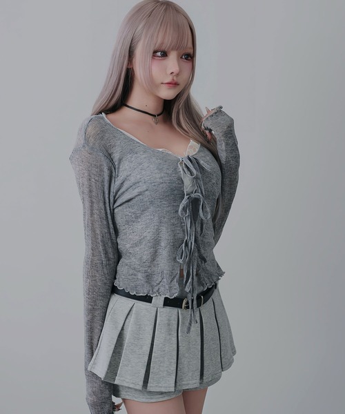 Diable baiser(ディアブルベーゼ)の「フロントリボン薄手シアーカーディガン(Tシャツ/カットソー・レディース・グレー/ブラック・FREE)」の5枚目の写真