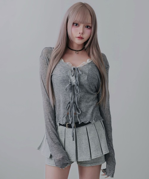 Diable baiser(ディアブルベーゼ)の「フロントリボン薄手シアーカーディガン(Tシャツ/カットソー・レディース・グレー/ブラック・FREE)」の6枚目の写真