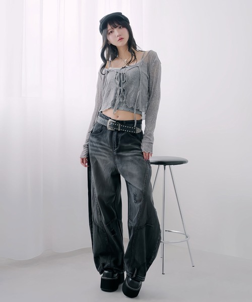 Diable baiser(ディアブルベーゼ)の「フロントリボン薄手シアーカーディガン(Tシャツ/カットソー・レディース・グレー/ブラック・FREE)」の8枚目の写真