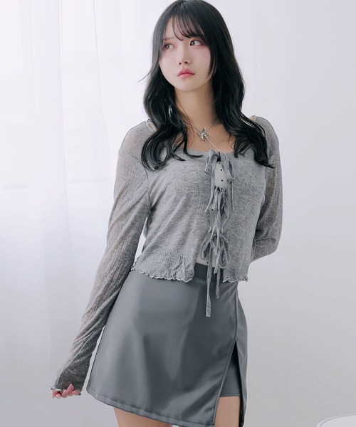 Diable baiser(ディアブルベーゼ)の「フロントリボン薄手シアーカーディガン(Tシャツ/カットソー・レディース・グレー/ブラック・FREE)」の10枚目の写真