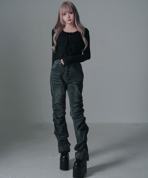 Diable baiser(ディアブルベーゼ)の「フロントリボン薄手シアーカーディガン(Tシャツ/カットソー・レディース・グレー/ブラック・FREE)」の18枚目の写真