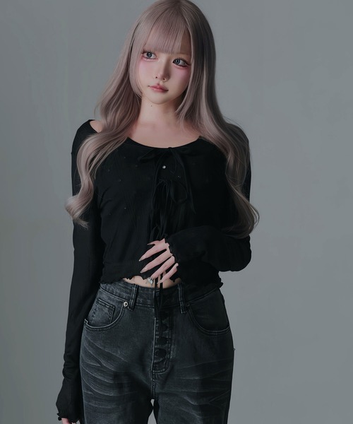 Diable baiser(ディアブルベーゼ)の「フロントリボン薄手シアーカーディガン(Tシャツ/カットソー・レディース・グレー/ブラック・FREE)」の19枚目の写真