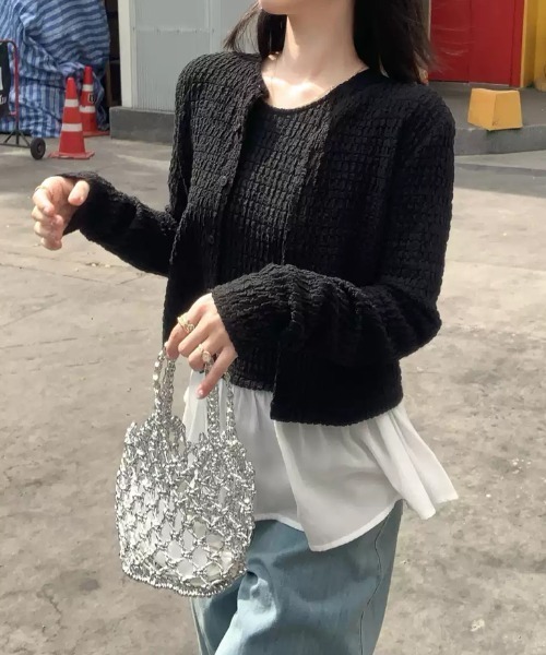 COCOMOMO(ココモモ)の「大人可愛い欲張りペプラムアンサンブル カーディガン ペプラムタンクトップ セット アンサンブル ノースリーブ ペプラム セットアップ ぽこぽこ 長袖 春服 夏服 秋服(アンサンブル・レディース・ブラック/ホワイト・FREE)」の9枚目の写真
