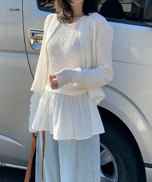 COCOMOMO(ココモモ)の「大人可愛い欲張りペプラムアンサンブル カーディガン ペプラムタンクトップ セット アンサンブル ノースリーブ ペプラム セットアップ ぽこぽこ 長袖 春服 夏服 秋服(アンサンブル・レディース・ブラック/ホワイト・FREE)」の20枚目の写真