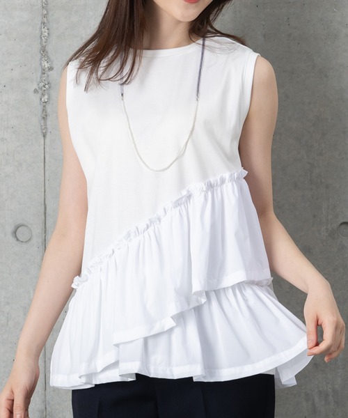 MAISONCOMFY (メゾンコンフィ)の「【接触冷感 フリルカットソー】異素材ドッキングが可愛らしい1枚(Tシャツ/カットソー・レディース・カーキ/ブラック/ホワイト・FREE)」の2枚目の写真