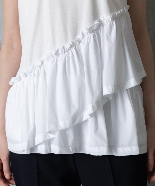 MAISONCOMFY (メゾンコンフィ)の「【接触冷感 フリルカットソー】異素材ドッキングが可愛らしい1枚(Tシャツ/カットソー・レディース・カーキ/ブラック/ホワイト・FREE)」の4枚目の写真