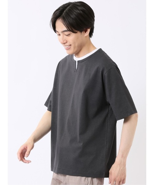 TAKA-Q(タカキュー)の「【綿混】タカキュー ダブルフェイス 天竺 キーネック 半袖 Tシャツ(Tシャツ/カットソー・メンズ・ブラック/ベージュ/ライトグレー/サックスブルー・X-LARGE/LARGE/MEDIUM)」の7枚目の写真