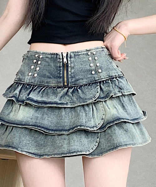 AMAJI(アマジ)の「デニム ストレッチ ティアード プリーツ スカート(スカート・レディース・ブルー・X-LARGE/LARGE/MEDIUM/SMALL)」の2枚目の写真