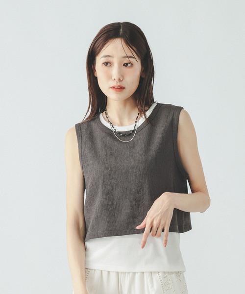 GLOBAL WORK(グローバルワーク)の「ジャガードストライプノースリーブ*タンク/797224(Tシャツ/カットソー・レディース・スミクロ/ホワイト系その他・MEDIUM/LARGE)」の1枚目の写真