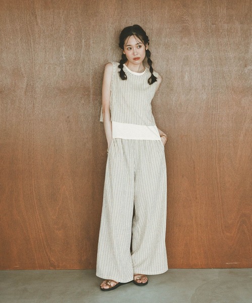 GLOBAL WORK(グローバルワーク)の「ジャガードストライプノースリーブ*タンク/797224(Tシャツ/カットソー・レディース・スミクロ/ホワイト系その他・MEDIUM/LARGE)」の3枚目の写真