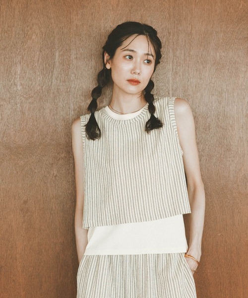 GLOBAL WORK(グローバルワーク)の「ジャガードストライプノースリーブ*タンク/797224(Tシャツ/カットソー・レディース・スミクロ/ホワイト系その他・MEDIUM/LARGE)」の8枚目の写真
