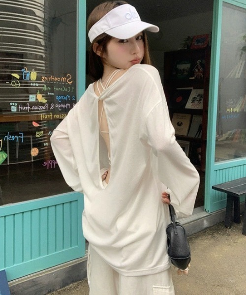DEVICE（デバイス）の「シアー バックオープン UVカット 日焼け防止 ロンT トップス（Tシャツ/カットソー・レディース・ブラック/ホワイト・FREE）」の2枚目の写真