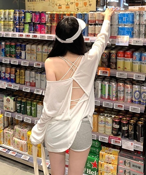 DEVICE（デバイス）の「シアー バックオープン UVカット 日焼け防止 ロンT トップス（Tシャツ/カットソー・レディース・ブラック/ホワイト・FREE）」の17枚目の写真