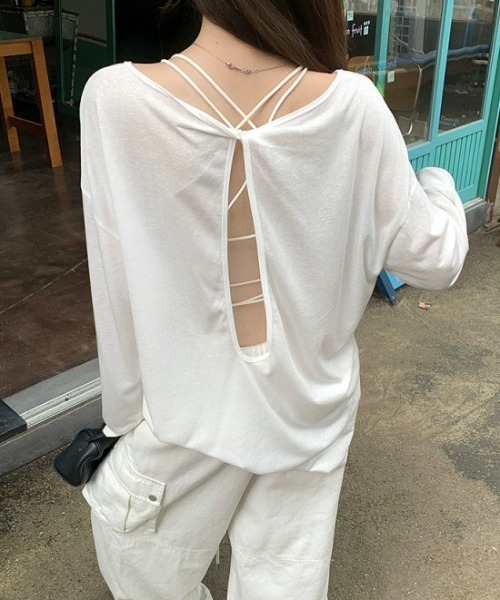DEVICE（デバイス）の「シアー バックオープン UVカット 日焼け防止 ロンT トップス（Tシャツ/カットソー・レディース・ブラック/ホワイト・FREE）」の12枚目の写真
