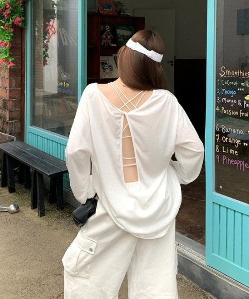 DEVICE（デバイス）の「シアー バックオープン UVカット 日焼け防止 ロンT トップス（Tシャツ/カットソー・レディース・ブラック/ホワイト・FREE）」の13枚目の写真