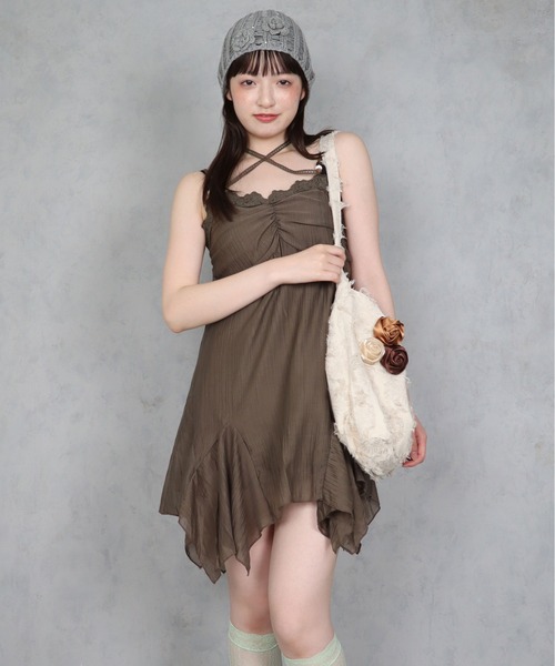 BARELY BLUE（ベアリーブルー）の「【 BARELY BLUE / ベアリーブルー 】 レース ホルターネック イレヘム キャミワンピース（ワンピース・レディース・ブラウン/ミント・FREE）」の2枚目の写真